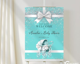 Editable Blue Baby Shower Welcome Sign Paris Baby Carriage White Bow Ribbon Poster Glittery Aqua Blue Baby and Co Digital Template SN201