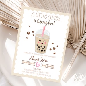 MODIFIABLE A Little Cu-Tea Birthday Invitations, Bubble Tea Party, Any Age Invites, Boba Milk Tea, Kawaii Girl Invite Digital Download JT506