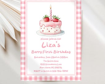 Strawberry Birthday Invitations, Berry 1st Birthday Girl Invite Digital Template Download JT2123