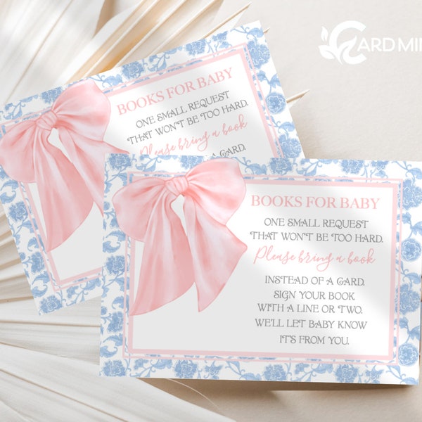 EDITABLE Pink Bow Baby Shower Book Request Cards, Build Baby's Library, Soft Pink Ribbon with Pink Border Self Edit Template BR2332