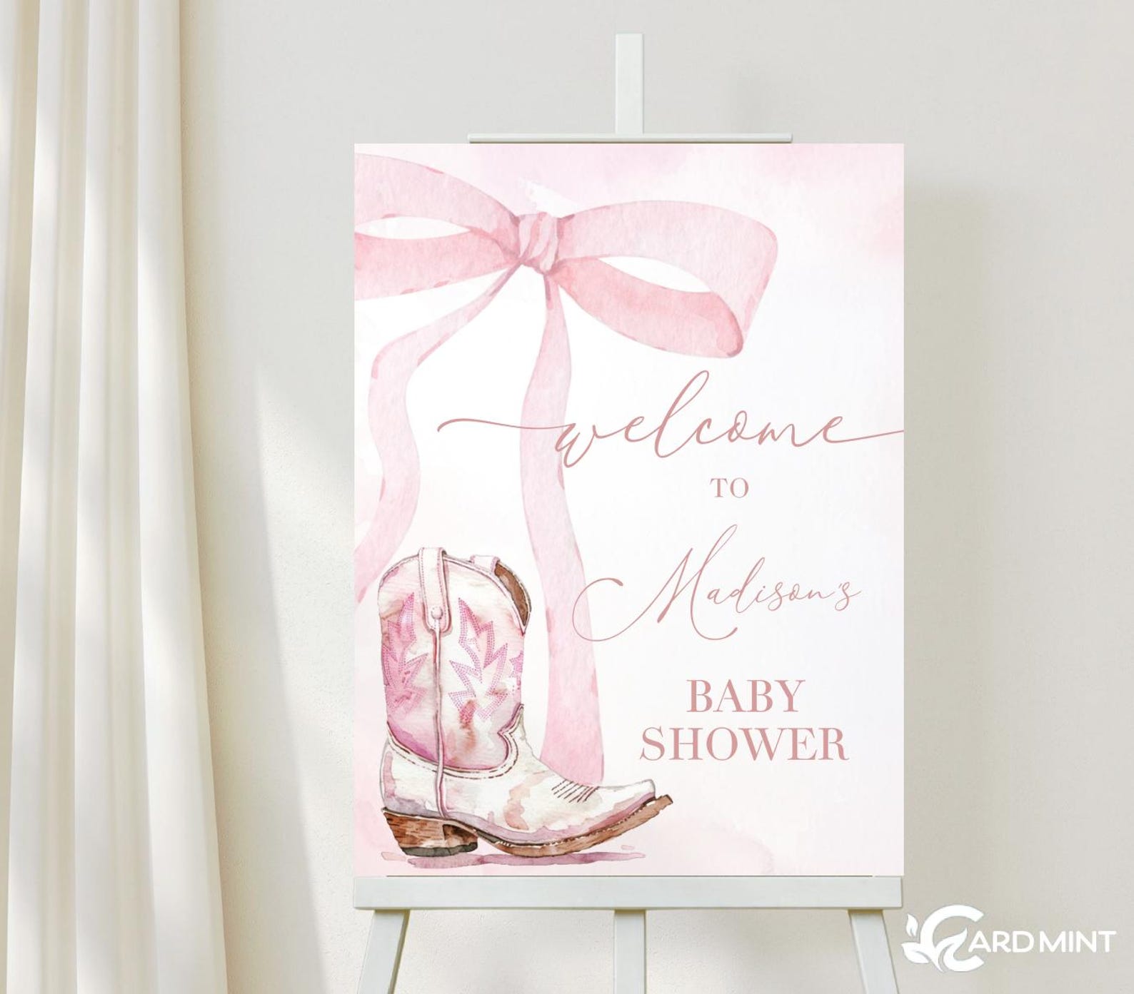 Editable Pink Bow and Cowgirl Boots Welcome Sign, Baby Shower Sign Self ...