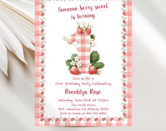 Strawberry 1st Birthday Invitations, Berry Sweet Birthday Party Invite Digital Template Download JT1980