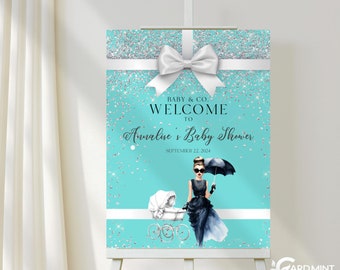 EDITABLE Blue Baby Shower Welcome Sign Paris Baby Carriage White Bow Ribbon Poster Glittery Aqua Blue Baby and Co Digital Template SN203