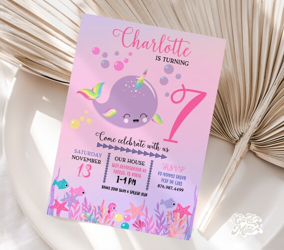 EDITABLE Narwhal Birthday Invitations Purple With Rainbow - Etsy