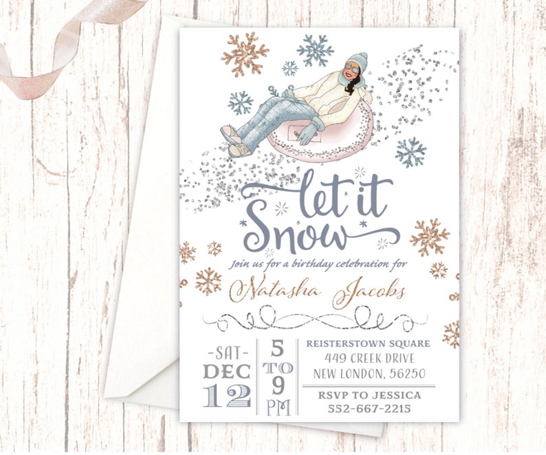 Snow Tubing Birthday Party Invitations, Snowflake Tween Teen, Any Age Glittery Gold and Silver Let it Snow Sledding Party Digital NV2918 