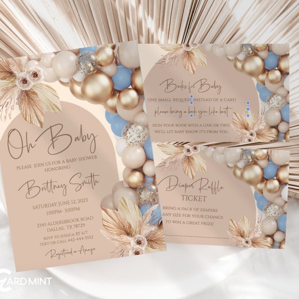 EDITABLE Baby Shower Boy Blue Balloon Arch Invitation SET, Oh Baby Shower Balloons, Gold, Tan, Blue Pampas Grass Digital Templates JT511