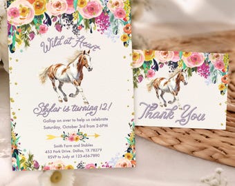 Horse Birthday Invitation + Thank You Card, Wild at Heart, Digital Download JT2185 set