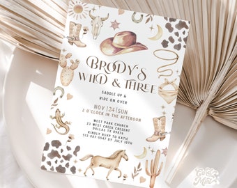 EDITABLE Wild and Three Birthday Invitations, Rustic Southern Country Cowboy Cowgirl Third Birthday Beige and Brown Digital Download JT1990