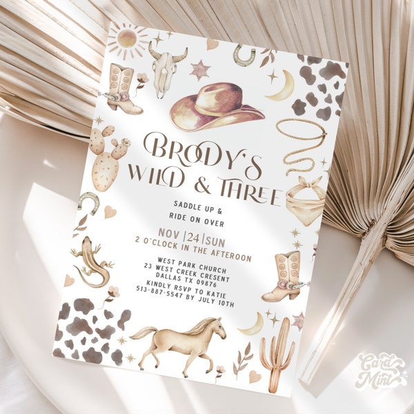 EDITABLE Wild and Three Birthday Invitations, Rustic Southern Country Cowboy Cowgirl Third Birthday Beige and Brown Digital Download JT1990