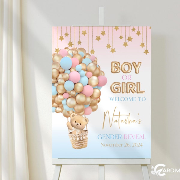 Editable Welcome Teddy Bear Party Sign, Blue & Pink Hot Air Balloon Baby Shower Sign Digital Self Edit Party Decor Template  SN423