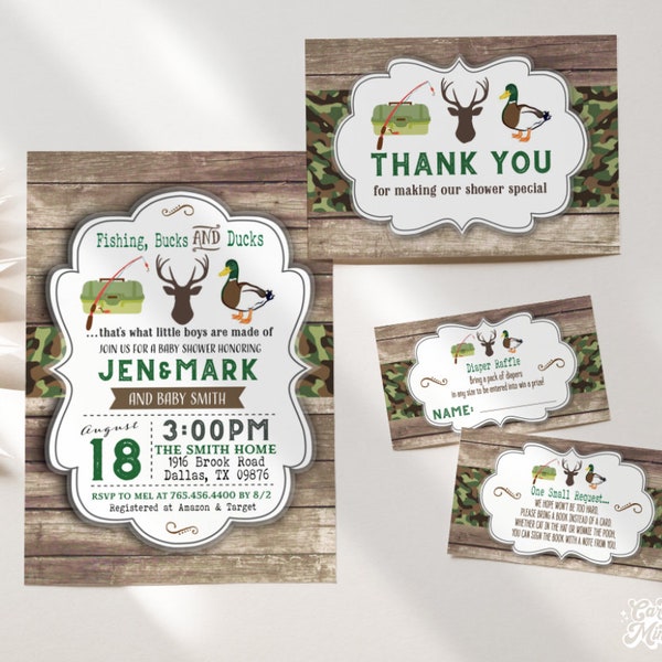 EDITABLE Fishing Baby Shower SET of 4 Camouflage Southern Country Cowboy Outdoor Fish, Bucks, Ducks Digital Template Set JT6211
