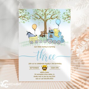 EDITABLE third Birthday Classic Pooh Bear Train Invitation, Boy 3rd Birthday Invite, Winnie The Pooh Blue Birthday Digital Download JT