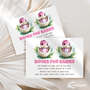 Bewerkbare arcering binnenkort roze dinosaurus babyshower boek verzoekkaarten, schattige dino Bring a Book, tweeling meisjes digitale downloadsjabloon BR1735