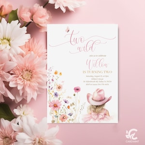 May include: A pink and white birthday invitation with a watercolor illustration of wildflowers and a girl wearing a pink cowboy hat. The text reads "two wild Willow is turning two" with details about the party.