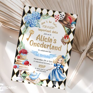 EDITABLE Alice in Wonderland Onederland Tea Party Birthday Invitations, hydrangea, Garden Red Blue One First Printable Digital Template JP64