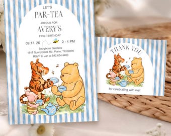Pooh and Friends Birthday Tea Party Invitation & Thank You Card Set, Digital Template JT2179