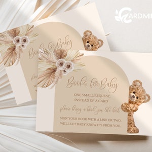 BEWERKBARE boekverzoekkaarten babyshower teddybeer boog, genderneutraal Bring a Book Inserts beige pampagras digitale sjabloon BR105