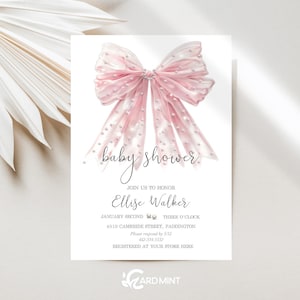 Editable Pink Bow Baby Shower Invitation, Girl Baby Shower or Sprinkle Invite, Soft Pink Bow with Pearls Digital  Download Template JT1651