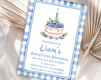 Blueberry Birthday Invitations, Berry 1st Birthday Boy Invite Digital Template Download JT2130