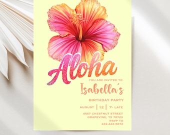 Aloha Birthday Invitation, Hawaiian Hibiscus Flower, Editable Digital Download JT2160