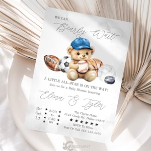 Invito per baby shower modificabile Bearly Wait Sports, All-Star Baby Boy Tailgate, modello di download digitale istantaneo Teddy Bear JT1548