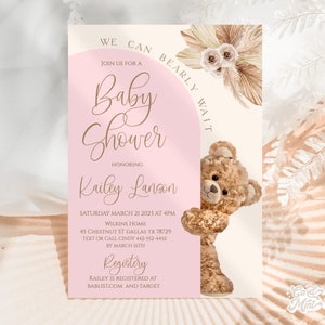 Invitaciones EDITABLES del arco del oso de peluche de Boho, Invitación linda del bebé de la ducha Pampas Marrón beige, Rosa bebé es una niña, Invitaciones bonitas Digital JT110