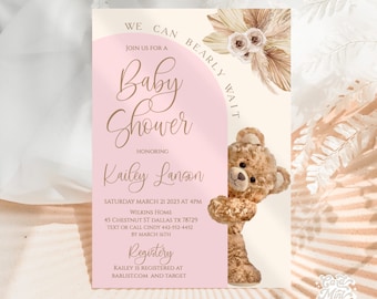 May include: A pink and white baby shower invitation with a teddy bear peeking around the corner. The invitation says "We can barely wait" and "Join us for a baby shower honoring Kailey Lanson".