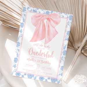 Editable Bow 1st Birthday Invitations, Isn&#39;t She Onederful Pink Bow Party Girl First Birthday, Digital Download Self Edit Template JT3030