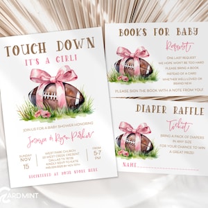 Football Baby Shower Invitation SET Baby Girl Pink Tailgate Co-ed Party Sport Editable Digital Download Template 3 Piece Set JP156