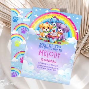 EDITABLE Rainbow Puppy Birthday Party Invitation Dog Invites Pawty Come Sit Stay Ice cream Pet Frank 90s Digital Template cute girl JP29