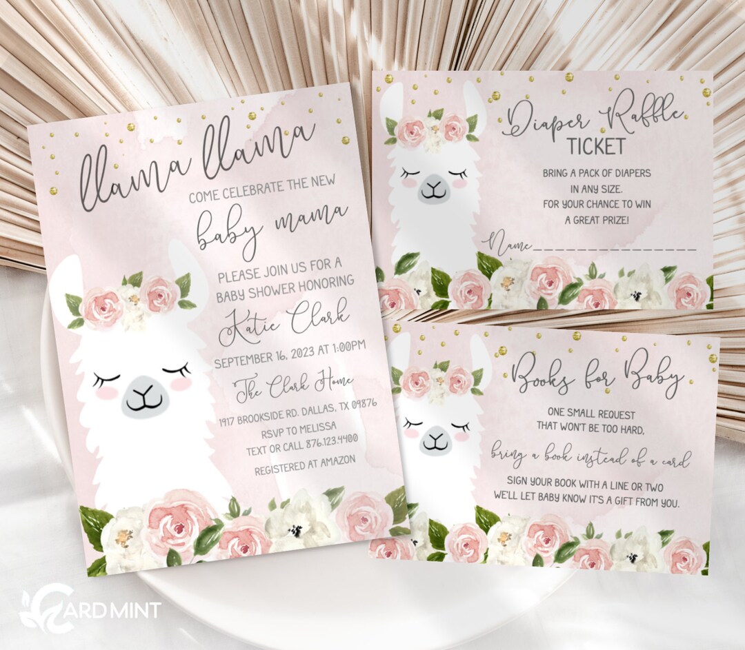 EDITABLE Llama Baby Shower Invitation Set of 3, New Mama Pink and White ...