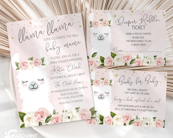 EDITABLE Llama Baby Shower Invitation Set of 3, New Mama Pink and White Floral Baby Shower, Llama and Flowers Digital Download JT1969