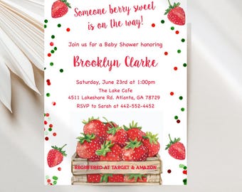 Strawberry Baby Shower Invitations, Someone Berry Sweet is on the Way Editable Digital Download JT2110