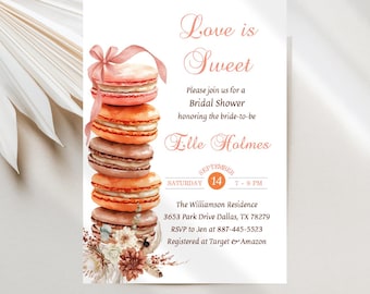 Bridal Shower Love is Sweet Invitations, Watercolor Macarons, Fall Colors Editable Digital Download JT2168