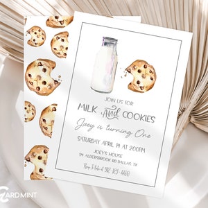 EDITABLE Cookie Birthday Invitations. Milk and Cookie Theme, Boy or Girl Birthday Invitation Any Age Invite Digital Download Template JT2145