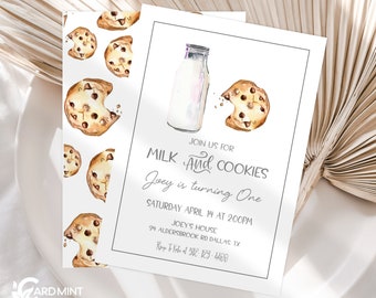 May include: A white invitation card with a black border. The card features a watercolor illustration of a glass bottle of milk and a chocolate chip cookie with a bite taken out of it. The text on the card reads "Join us for Milk and Cookies Joey is turning One Saturday April 14 at 2:00 PM Joey's House 94 Aldersbrook Rd Dallas TX R.S.V.P. to Kate at 512-123-4400"