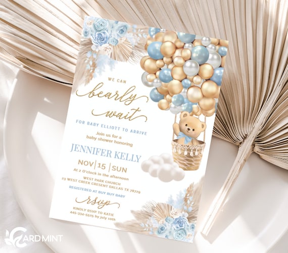Editable Bearly Wait Invitation, Baby Shower Hot Air Balloons Invite Baby  Boy Blue Neutral Beige, White, Cream, Tan, Brown Teddy Bear JT1005