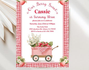 Strawberry Birthday Invitations, Our Berry Sweet Birthday Girl Invite Digital Template Download JT2117