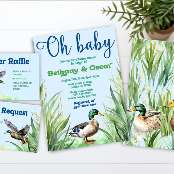 EDITIERBARE Baby Shower SET Stockente Duck Einladungen Jagd Niedlich Buch Windel Invite Template Country J90