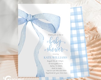 EDITABLE Blue Bow Baby Shower Invitation, Boy Baby Shower or Sprinkle Invite, Blue Ribbon Self Edit Template JT3024