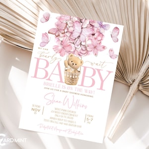 Bewerkbare teddybeer vlinder uitnodiging We Can Bearly Wait nodigt babymeisje roze paars sjabloon digitale Instant Download JT2040