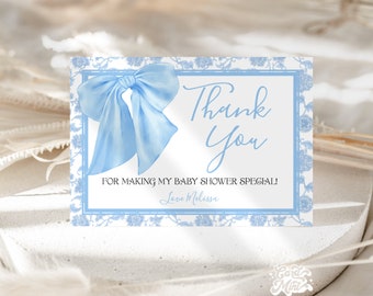 EDITABLE Blue Bow Thank You Notes for Baby Shower, Digital Download TN2333