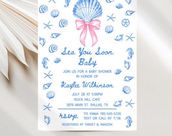 Sea You Soon Baby, Seashell Baby Shower Invitations, Pink Bow, Nautical Coquette Digital Download Template JT1970