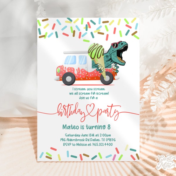 EDITABLE Dinosaur Birthday Invitations, Ice cream Truck Invitation Brown, Green, Red Ice Cream Theme, Party Boy Birthday Digital JT03