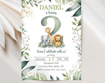 Safari 2nd Birthday Invitations, Wild Jungle Boy Digital Download Template JT2149