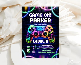 EDITABLE Gamer Birthday Invitations, video games Play Game On Invites Boys Night Neon Glow Birthday Invitations Cool Digital Download JP174