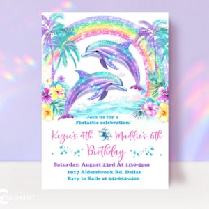 Bearbeitbare Geschwister Regenbogen Delphin Strand Dual-Geburtstagsfeier-Einladung Pool Swim Party Schwestern, Zwillinge Evite, 2 Namen Digitale Vorlage JT1423