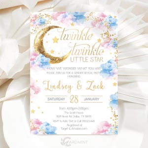 Twinkle Twinkle Little Star Gender Reveal Invitations Gold Moon and Stars Blue and Pink Clouds Boy or Girl Download Editable Template JT1387