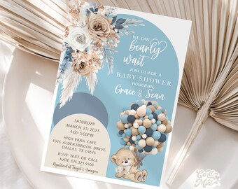 May include: A blue and white baby shower invitation with a teddy bear holding balloons. The invitation says "We can barely wait" and "Join us for a baby shower honoring Grace & Sean".