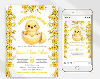 Hatching Soon Baby Shower Invitation, Yellow Chick and Buttercup Flowers Editable  Digital Download Template JT1981